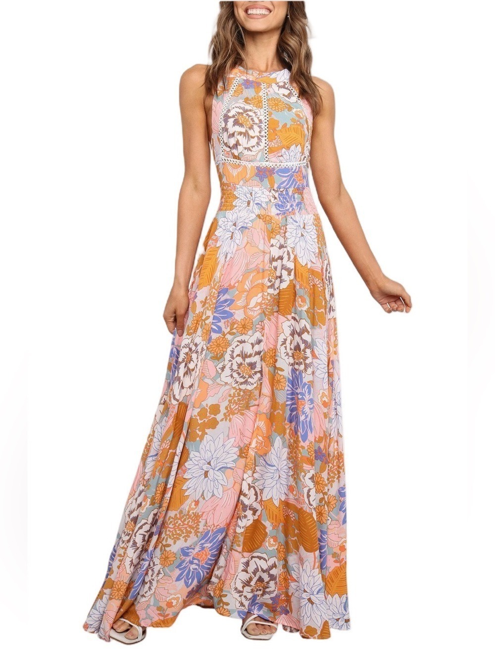 Abel the Label Anthro Floral Halter Maxi Dress with Slit Sz XS
